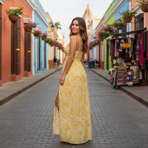 Band of the Free Yellow Paisley Maxi Dress Small Boho Summer Sun Dress
